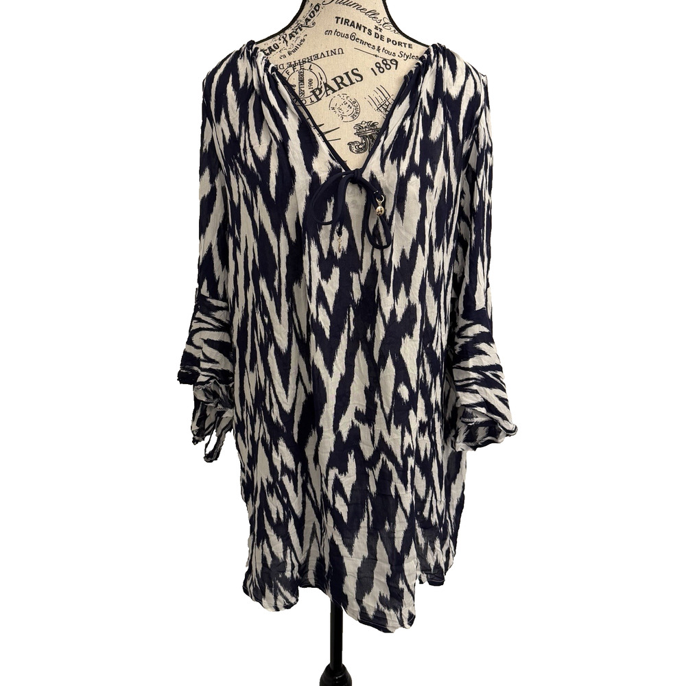 Anne Cole Women’s Tunic Coverup Size M/L Blue & White NWT 3/4 Bell Sleeves